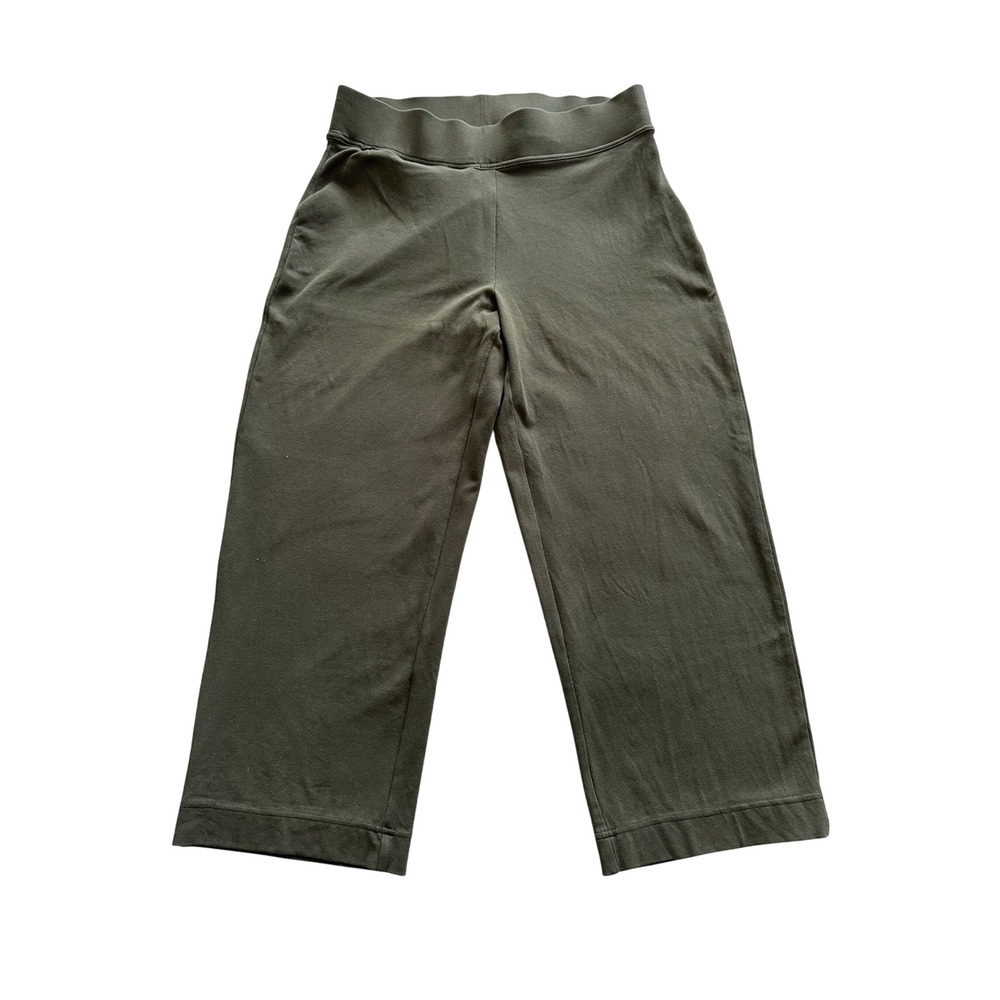 Lands' End Sport Cotton Crop Pants Women M Wide Leg Olive Green Pockets Workout